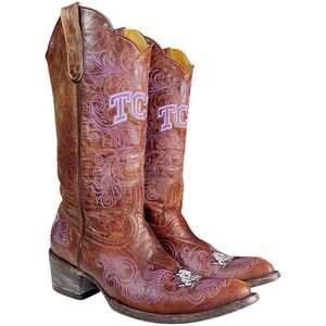 GameDay TCU Horned Frogs Cowboy Boots Brown Leather Size 8 Embroidered